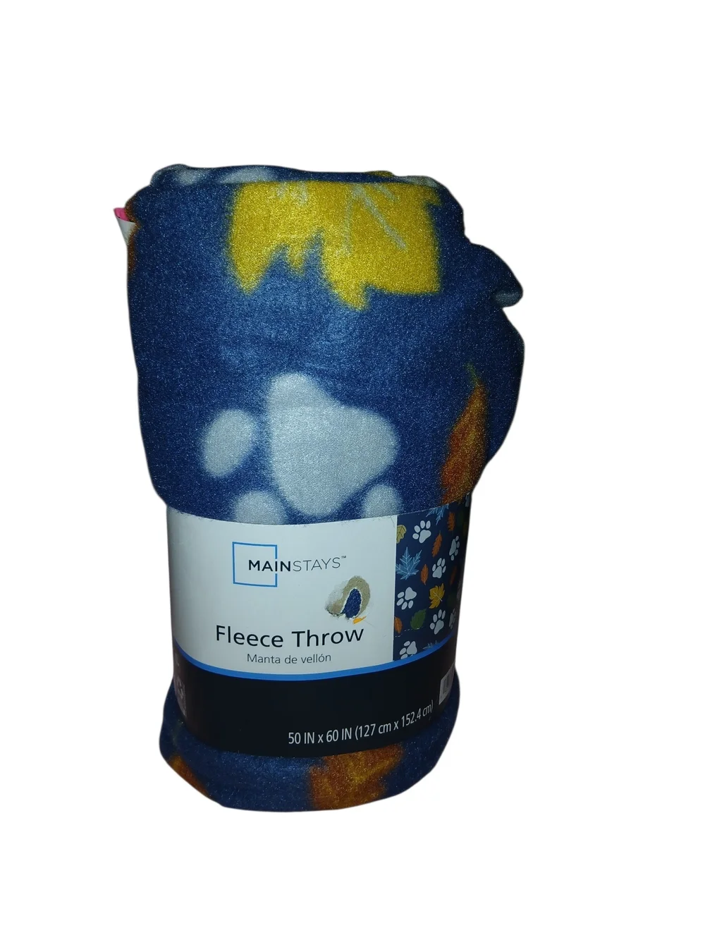 Mainstays Navy Plush Blanket with Multicolor Paw & Leaf Print